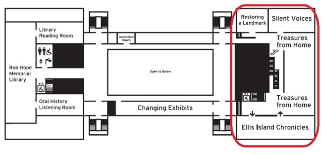 A map of the exhibits on the third floor of Ellis Island