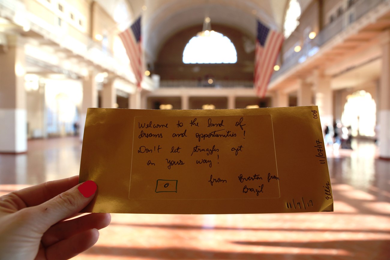 Gold brick with message from visitor in Great Hall.