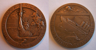 WWI Commemorative coin of the 1915 sinking of the HMS Lusitania, both sides shown