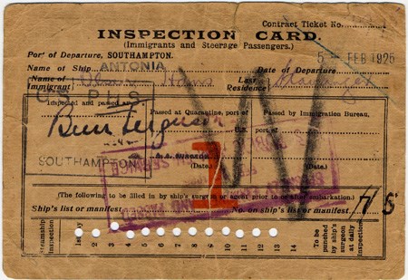 Inspection card from S.S. Antonia, 1925