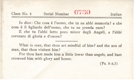 Literacy test card from U.S. Government Printing Office c. 1920s