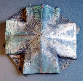 Patinaed copper roof cap from pavilion between Kitchen & Laundry Building and Powerhouse