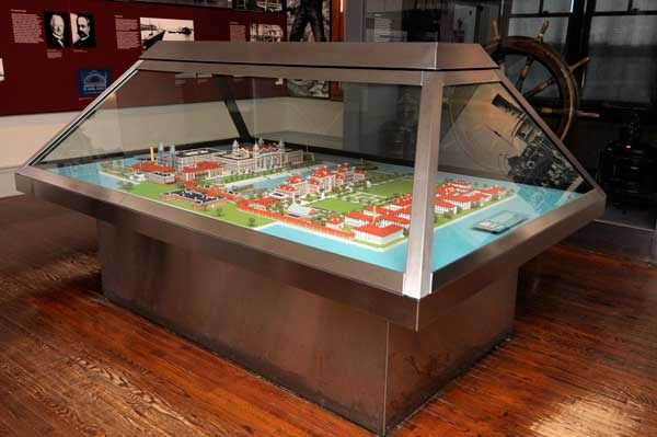 One of six detailed models showing the growth of the physical landscape of Ellis Island.