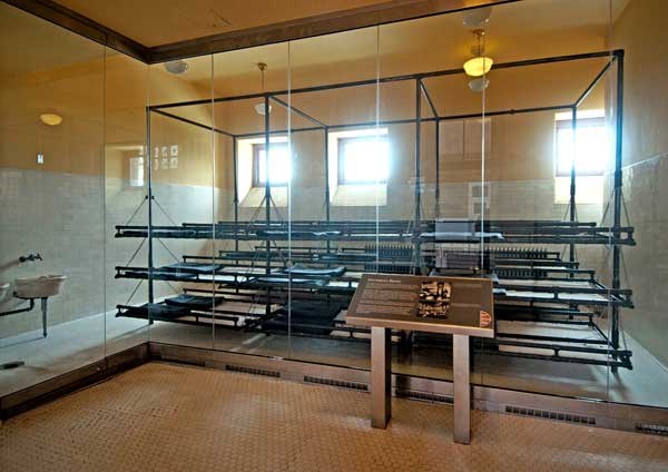 View of a recreated dormitory room in the Main Immigration Building at Ellis Island.