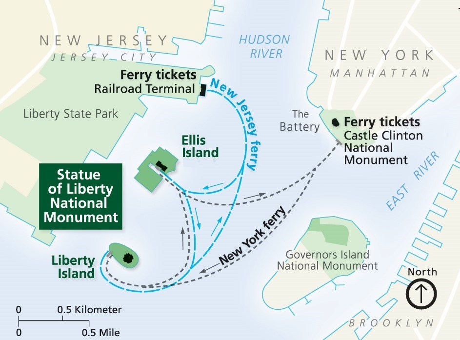 A map of New York Harbor that shows how the ferries run from The Battery, NY and Liberty State Park, NJ to Liberty and Ellis Island.