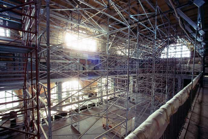 View of the Registry Room filled with scaffolding from floor to ceiling.