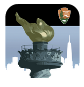 Graphic with NPS black banner and arrowhead along top; Statue of Liberty's Torch in front of blue sky and white skyline.