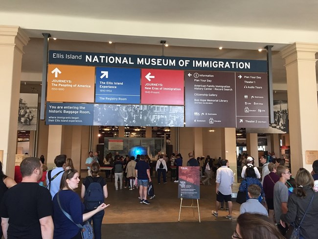 Informational signage entering the Main Building on Ellis Island.