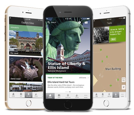 Three iPhone 6s each showing different screen's from the park's app. Three iPhone 6s each showing different screen's from the park's app.