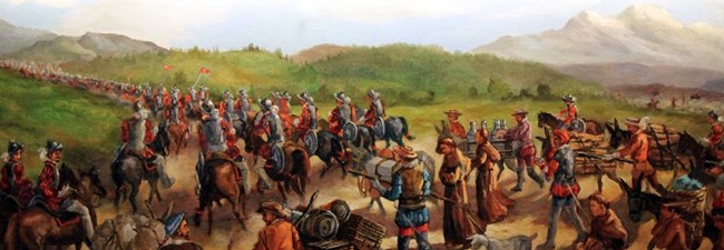 An oil painting depicting a massive group of Spanish explorers in 1600s-style armor, religious monks, horses, donkeys, and carts full of cargo marching away.