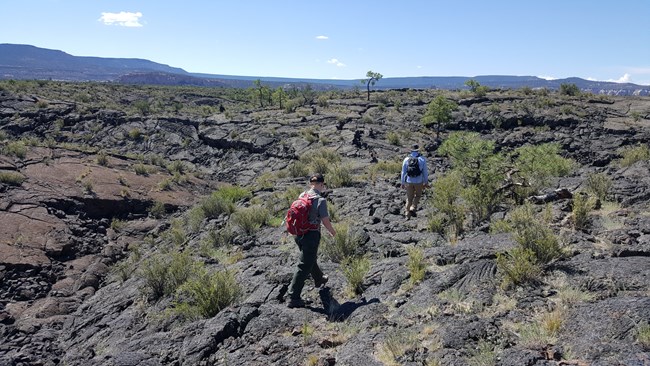 Two hikers walk across a cracked, black lava flow dotted with bushes under a clear sky.
