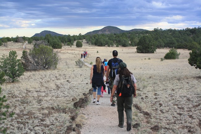 People walking along a gravel trail with a ranger. They are surrounded by grass and small evergreen trees.