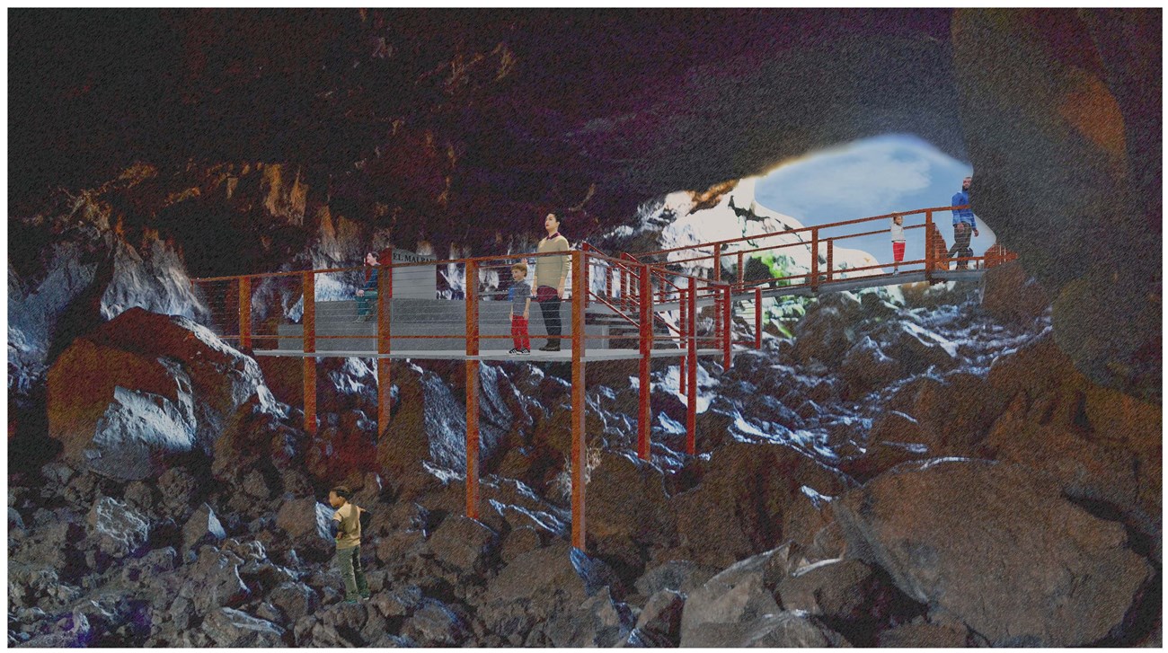 Illustration showing people on a metal platform inside a lava tube cave.