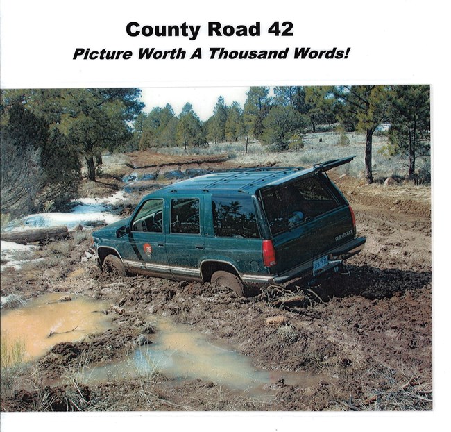 A blue SUV stuck and sunk axle-deep in mud.  Text above image reads "County Road 42; Picture Worth a Thousand Words"