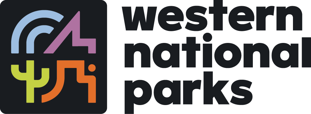 A logo of a blue river, purple mountain, orange butte, and green cactus with the text "Western National Parks."