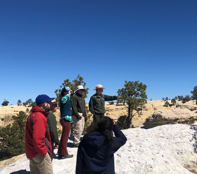 A group of people standing on a rock surface. A ranger is pointing to something in the distance.