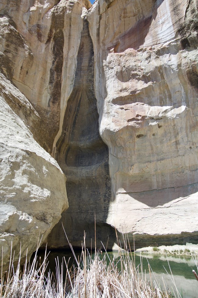 A pool at the base of a rock cliff