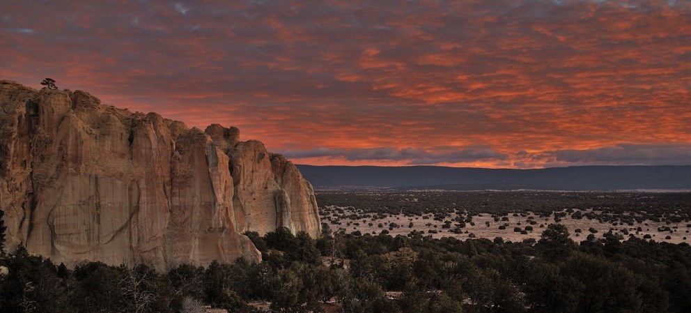 A sandstone cliff in front of a cloudy, pink sky.