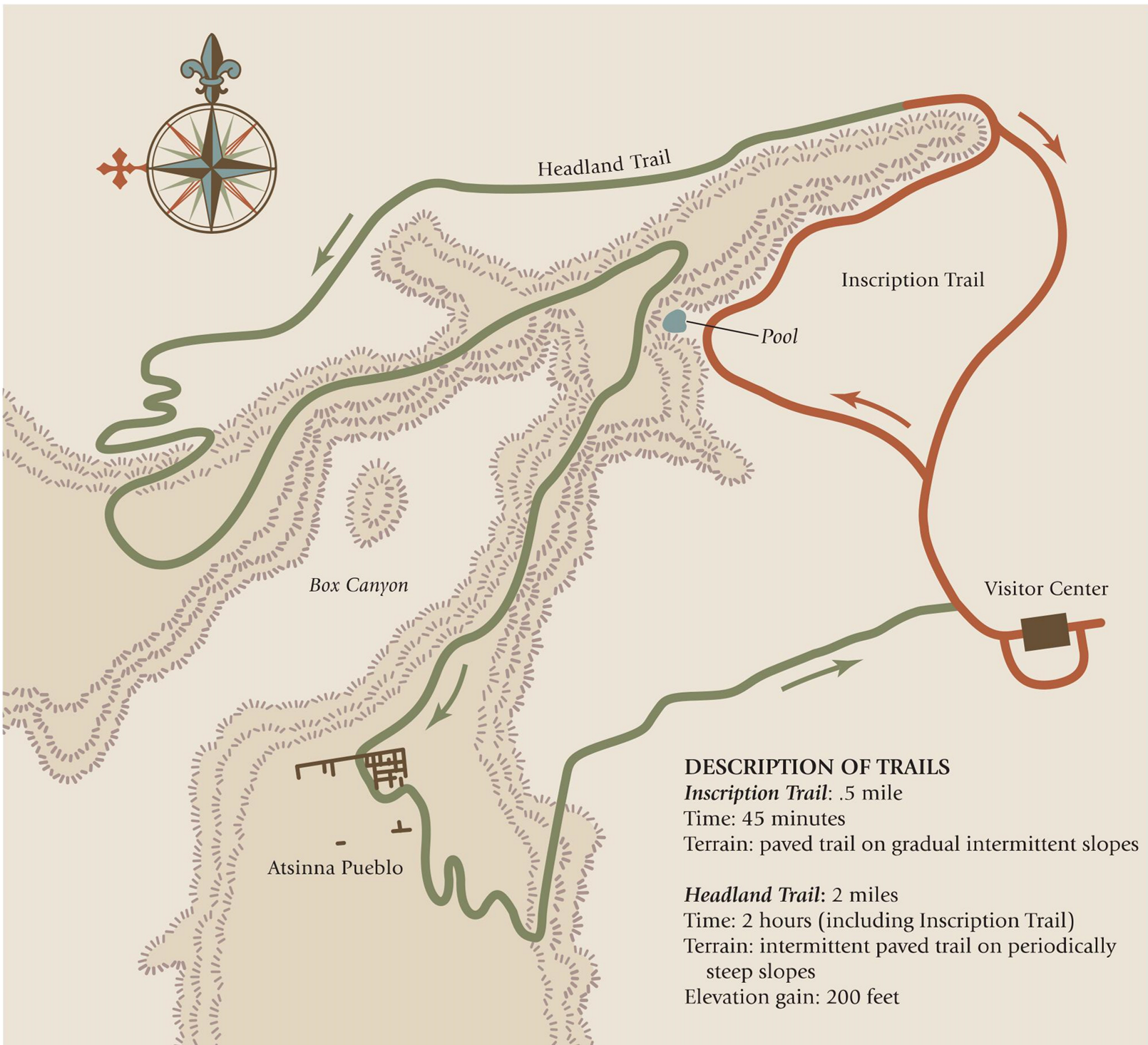 A trail map showing a shorter loop trail in red and a longer loop trail in green.