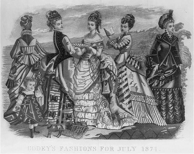 Black and white print of women wearing dresses with bustles