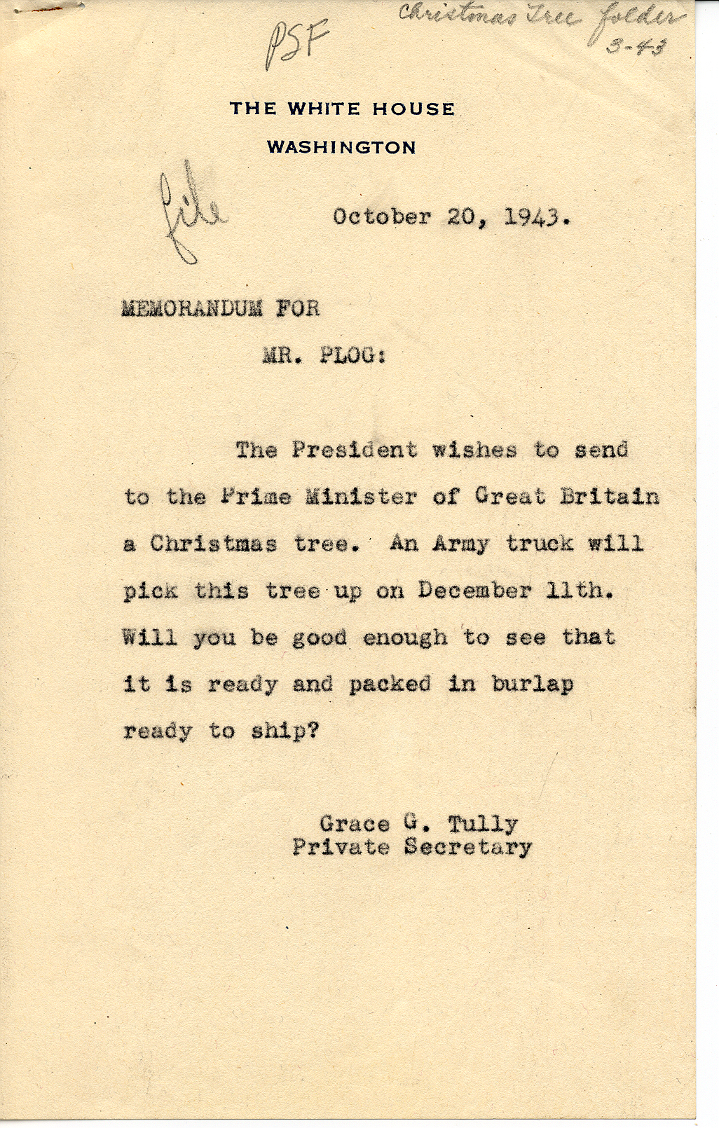 A Memo Concerning Winston Churchill's Christmas Tree A type-written memo