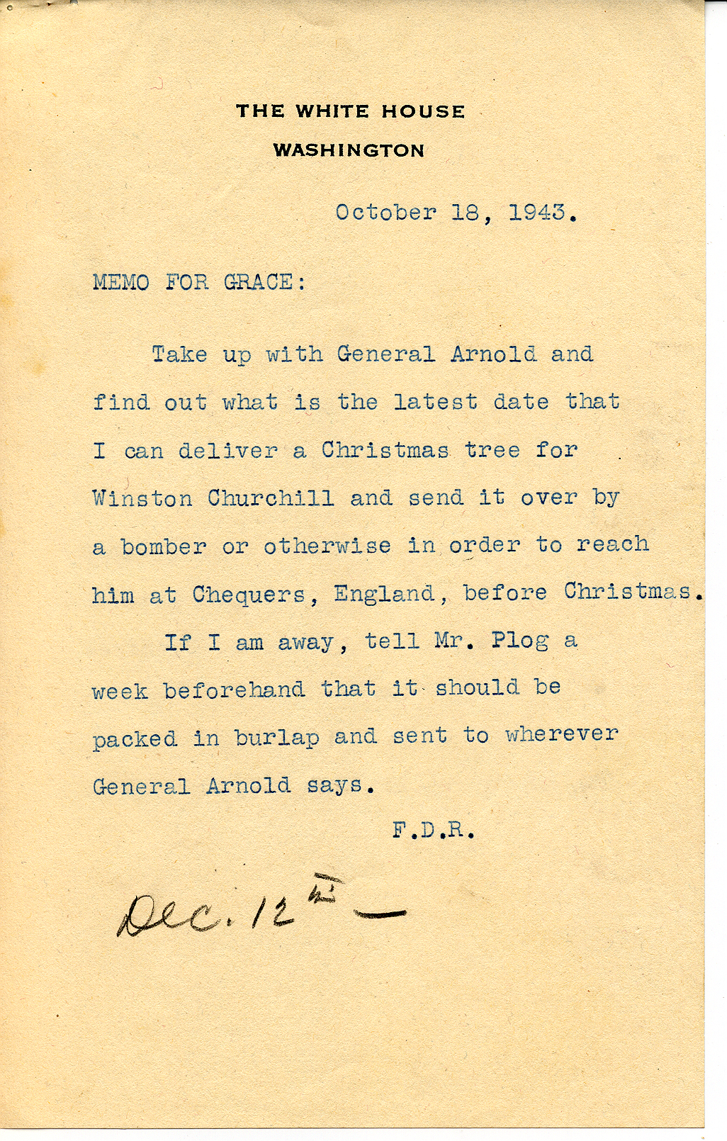A Memo from FDR to his Secretary Grace Tully, Regarding Winston Churchill's Christmas Tree A type-written memo