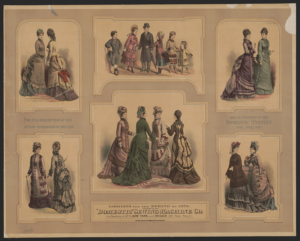 A print showing multiple scenes of women wearing multicolored outfits