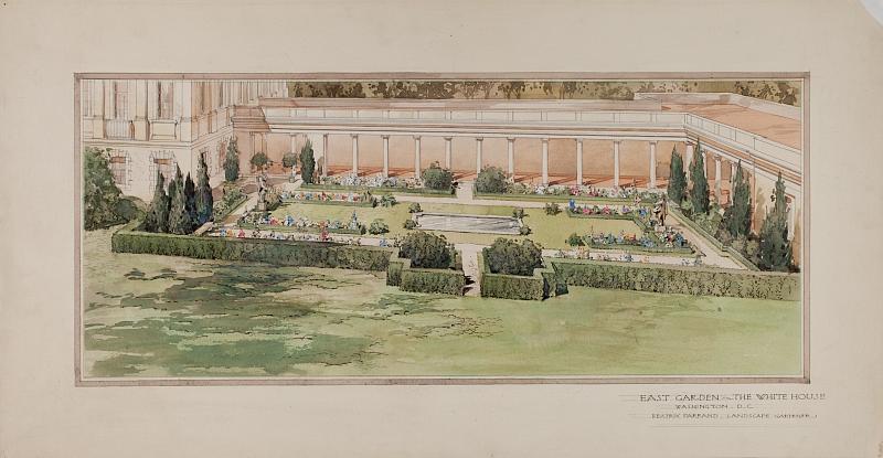 Sketch of a formal garden, with a building to its left