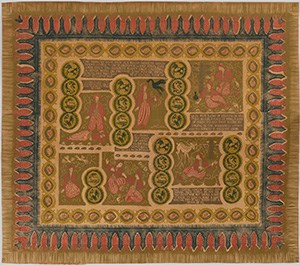 A textile printed with figures and patterns.