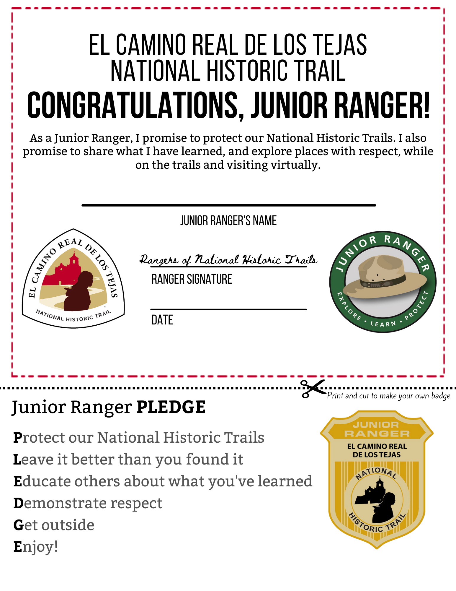 A certificate with an image of a junior ranger badge.