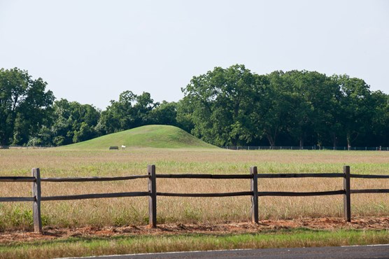 A wooden fence in front of  grassy field, with a small hill covered in grass.