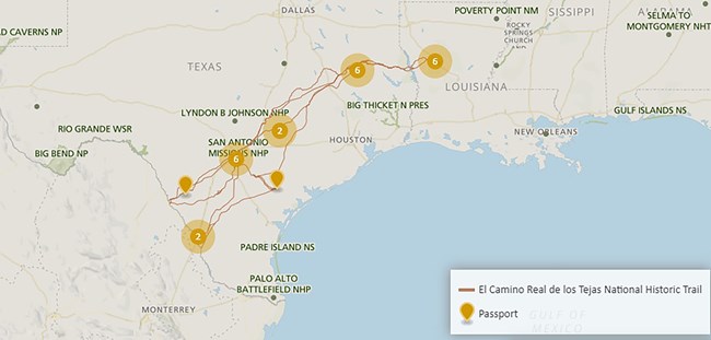 A map depicting a trail from Louisiana south into Mexico.