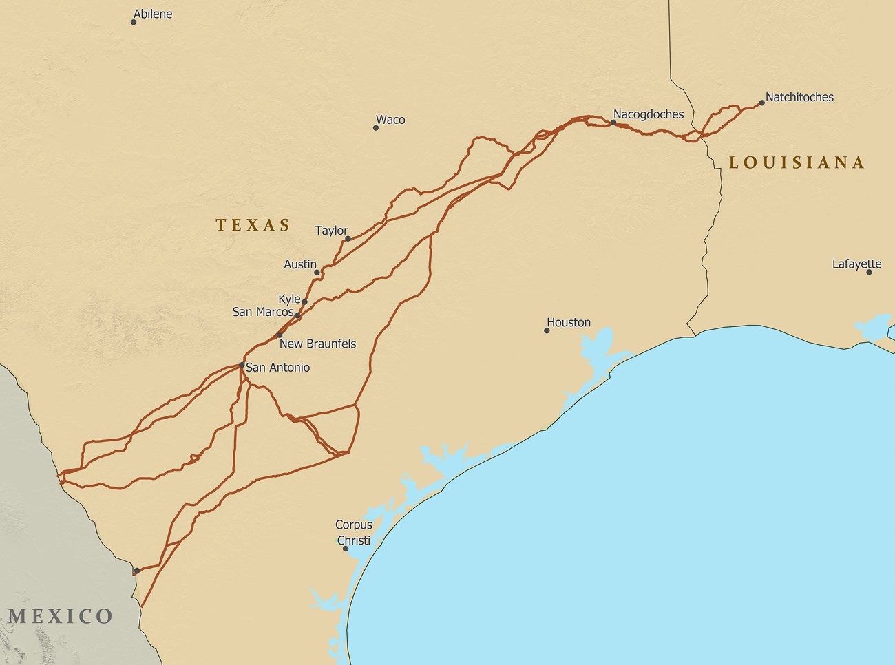 A map depicting a trail from Louisiana south into Mexico.
