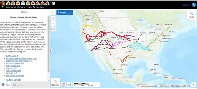 A map of the United States with trails depicted from east to west.