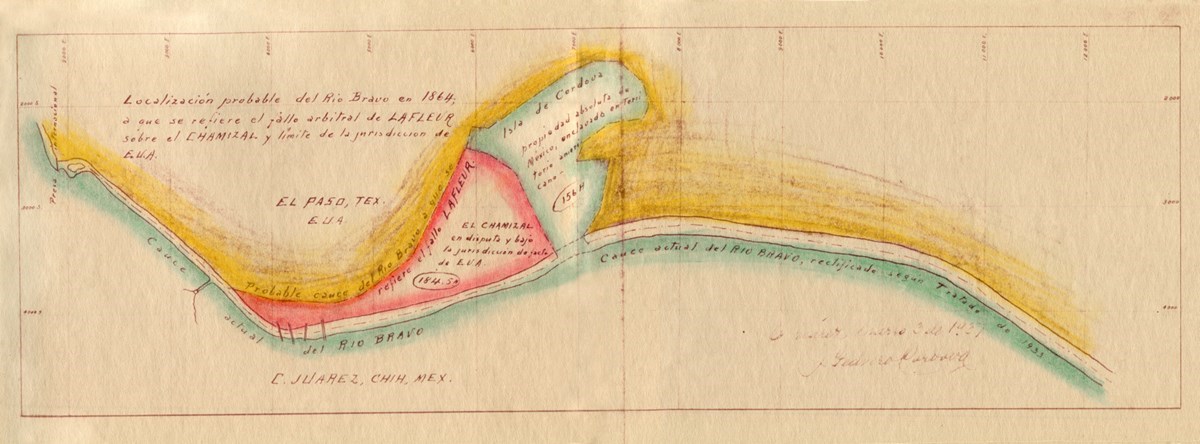 Mapa trazado a mano con escritura en español con fecha de 1937. Representa el supuesto curso del río Bravo en 1864, con la tierra en disputa de color rojo, tierra mexicana en verde y tierra estadounidense en amarillo.