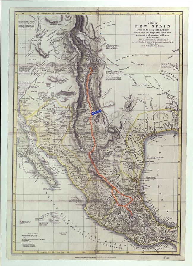 mapa antiguo titulado Nueva España en ingles y una línea roja norte-sur que indica la ubicación del camino real de tierra adentro