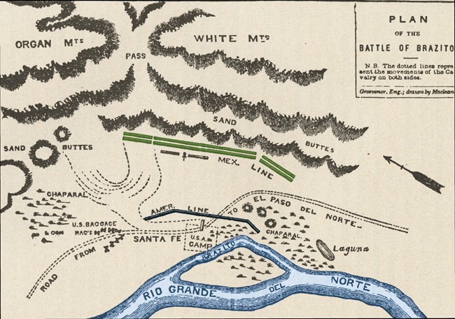 Mapa dibujado a mano muestra las líneas de batalla entre Estados Unidos y México con el río Bravo en primer plano y montañas al fondo.