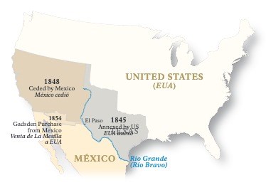 Mapa de EUA y México con área de Venta de la Mesilla y la tierra que México cedió a EUA en 1848.