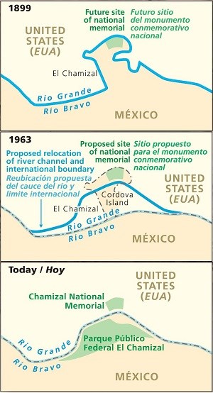 Mapas con fechas 1899 (superior), 1963 (central) y hoy (infoerior) demuestran cambios naturales y artificiales en el curso del río.