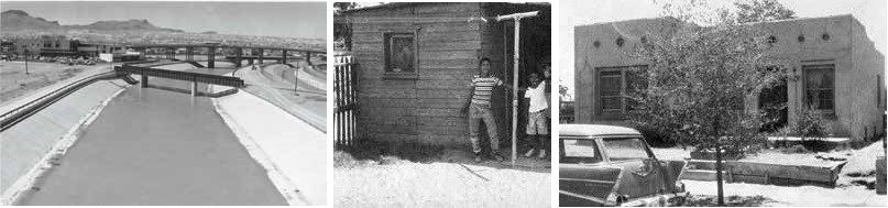 Tres fotos de izquierda a derecha: canal de hormigón cruzado por varios puentes, dos niños se paran frente a una casa de madera, una casa de adobe.