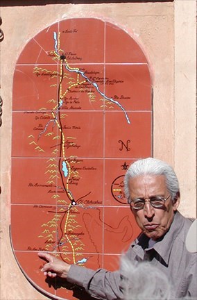 man pointing at camino real de tierra adentro map