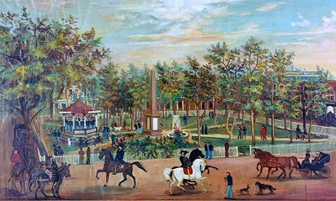 a painting depicting Santa Fe Plaza with obelisk in the middle, people on horses and trees