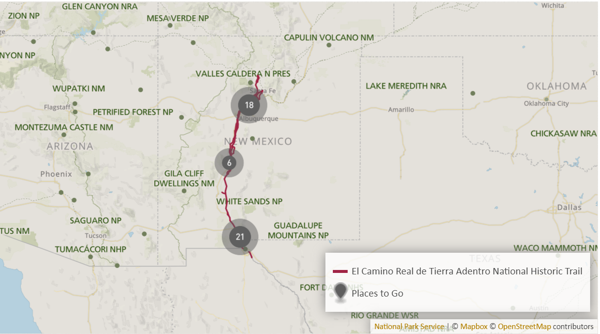 screenshot of interactive map of el camino real de tierra adentro