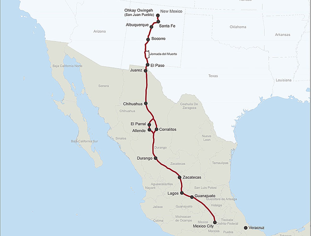 map showing both the US and Mexico and how the el camino real de tierra adentro trail goes through both
