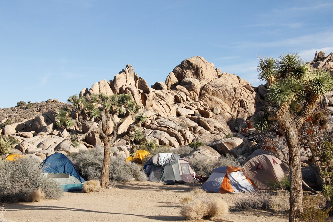 Carpas de campamento alrededor de rocas de granito.