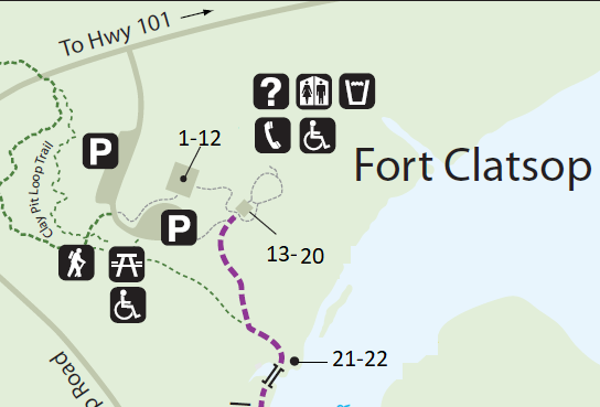 Mapa con sitions 1 por 12 en el centro de visitantes, 13-20 en el fuerte y 21 y 22 en el desembocadura de canoas