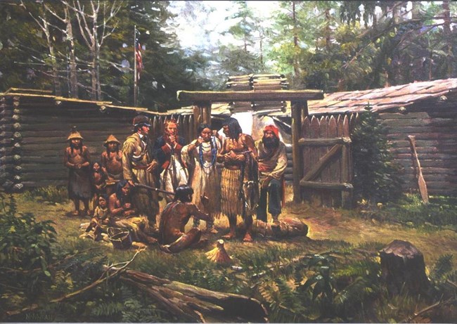Una representación artística del intercambio entre los exploradores Lewis y Clark y la gente Clatsop en frente del Fuerte