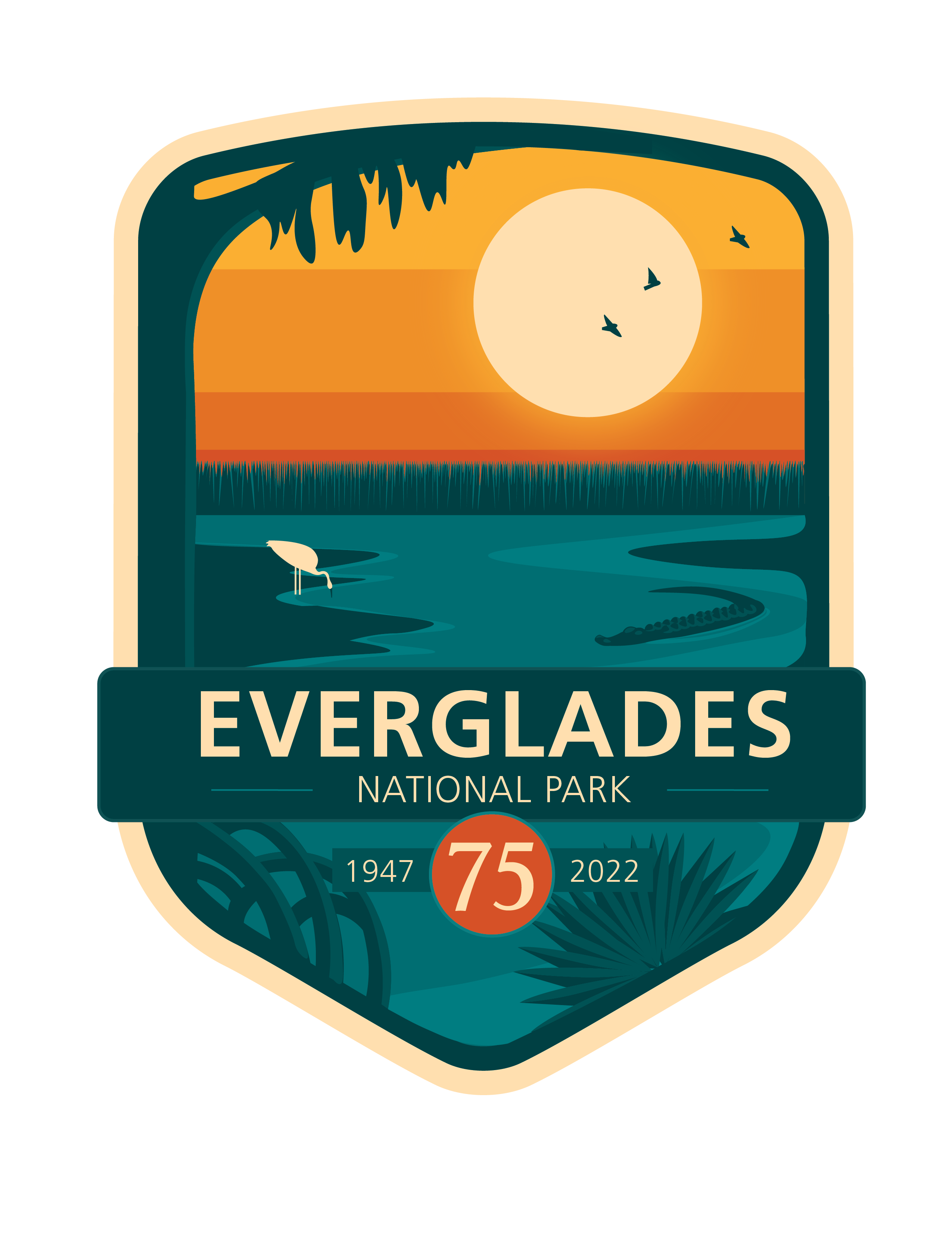 Logo with sun, shaded sky, sawgrass, waterway with alligator in water and wading bird on shore. Mangrove tree and palmetto in foreground. Text says Everglades National Park 1947 2022 with 75 in a circle.