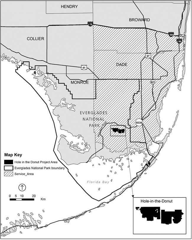 A gray map showing southern Florida, with the HID service area in Dade county.