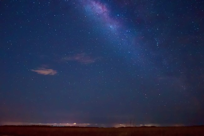 The Milky Way galaxy is bright against a dark night sky with other celestial objects visible. On the ground and on the horizon, a line of pine trees in the distance.